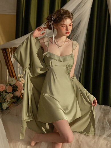 MOKITOUL sexy pajamas for women Spring and Autumn Ice Silk 2025 new style with chest pad set suspender nightgown pure summer mustard green J693# (sling skirt) M size equal size