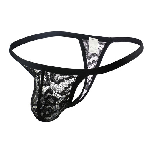 Lace underwear men's thong sexy single thong transparent hollow mesh T underwear thin edge breathable briefs white XL