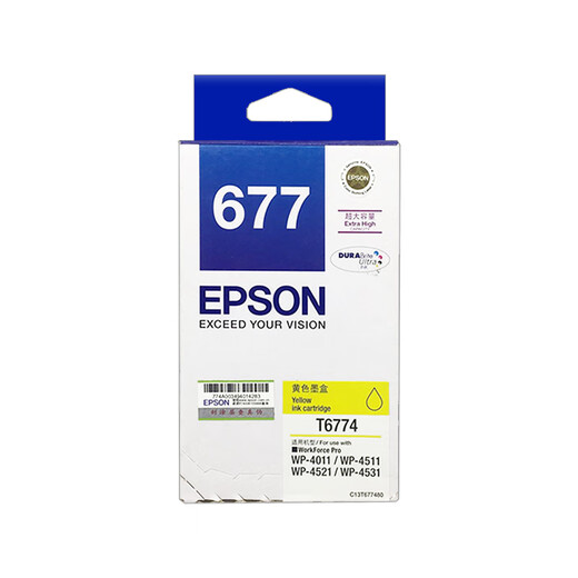 爱普生原装Epson爱普生T677大容量黑色墨盒WP-4511 4521 4011打印机墨水 爱普生T6774黄色墨盒 约3400页