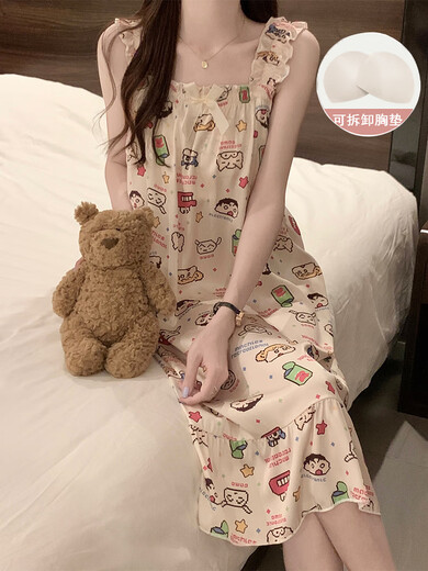 SU Naixue Nightgown pour les femmes en été, avec des coussinets de poitrine, un pyjamas à suspense de glace à la soie glaciaire, des femmes d'été, des vêtements de maison doux et mignons, le printemps et l'automne 3889 [PAD NON AMOVABLE PORTRE] M [75-100jin [Jin est égal à 0,5 kg]]]