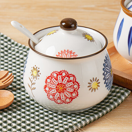 Baijie ceramic lard jar kitchen seasoning jar with spoon salt jar seasoning jar chili oil tank oil storage tank high temperature resistance