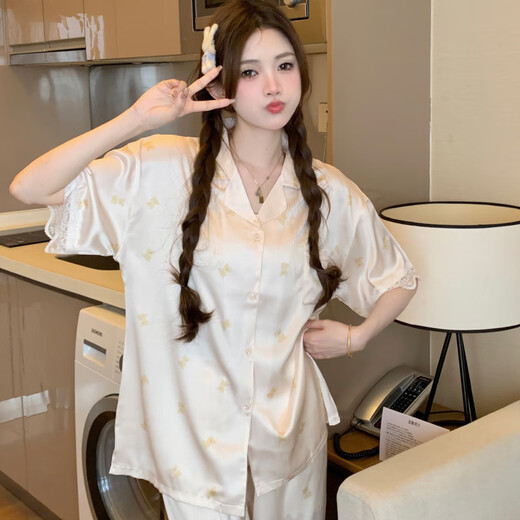 Pajama de seda de hielo transfronterizo antártico para mujeres Lindo estilo Bear Summer NUEVO ALIMO ALIMO CAREATE Pantalones de manga corta Conjunto de ropa para el hogar YFY9905# M 170 [sugerido 80-100Jin [Jin iguala 0.5 kg]]]