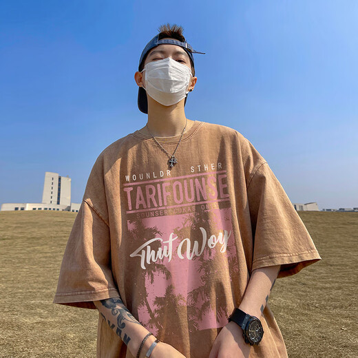 Camiseta de manga corta para hombres para hombres en verano 280 gramos pesado lavado para hombres HIP-HOP HIP-HOP de gran tamaño Camiseta de media manga de la mano T733 Lavado negro M