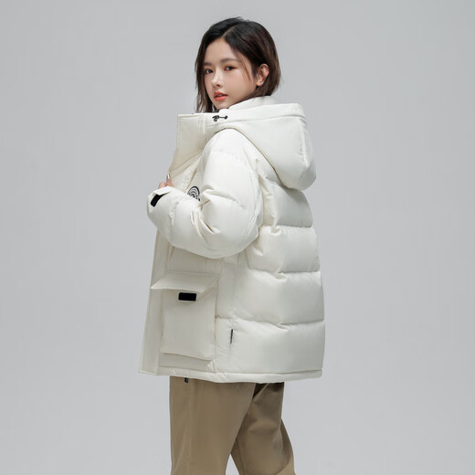 Snow Flying Down Jacket for Women, versatile and fashionable casual men and women same style three-dimensional workwear, large pocket stand collar hooded long down jacket, white 8162 XS /160/80A