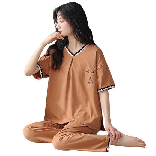 诸禄凉感莫代尔睡衣女夏季短袖长裤春秋薄款套头大码家居服女夏款套装 HN761 M 女-