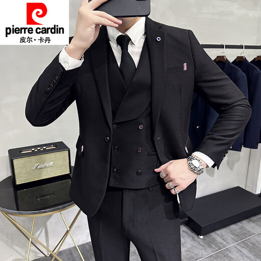 Pierre Cardin groom and groomsmen wedding suit Korean style small suit slim and trendy three-piece men's business casual formal suit New* black suit + double-breasted vest + trousers S