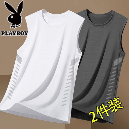 花花公子（PLAYBOY）冰丝背心男夏季潮流圆领网眼透气速干运动坎肩凉感吸汗无袖上衣 黑色+深灰/ 二件装收藏加购优先 XL (115-125斤)