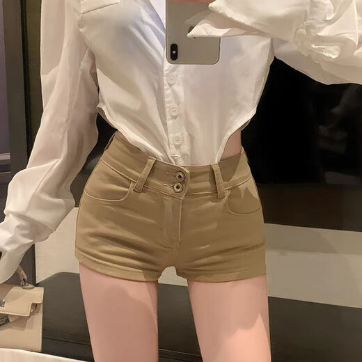 Zhenxiqi's new high-waist elastic tight-fitting butt-hugging shorts for women in summer, slim and versatile, micro-flared casual hot pants, trendy, light khaki, XL, one size too small