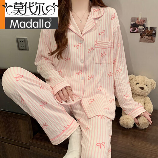 Modal Sweet Stripes Ins Korean Bow Print Sommer Neue Faltenpyjamas Frauen-Heimkleidung Kurzärmelte dreiteils Set KK3527# M [Vorgeschlagen 80-100jin [Jin ist 0,5 kg]]