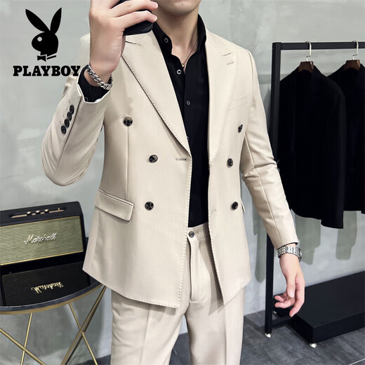 Playboy (PLAYBOY) high-end double-breasted peaked lapel suit men's wedding Korean version slim British style casual small suit jacket navy blue jacket + pants 4XL (163-175Jin Jin equals 0.5 kg)