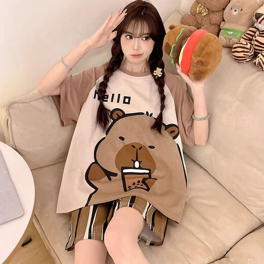 趣依瑶线条小狗短袖睡衣女夏加肥加大码少女可爱卡通圆领家居服套装便宜 693黑笑脸【单套】 M 码建议【7095斤】