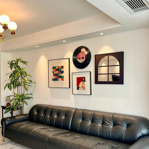 Jianzao 3D three-dimensional living room sofa background wall decoration painting 2025 new high-end restaurant antique style wall painting Type A - combination painting medium set 60cm*1+40cm*2+50cm*1 black aluminum alloy frame three-dimensional wood block + crystal porcelain clock + concave and convex oil painting + mirror painting