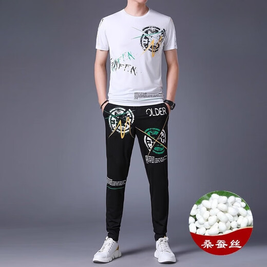 JEEP SPIRIT casual suit men's summer short-sleeved mulberry silkworm ice silk handsome match with Korean style fashion print trend 9227 black M 165