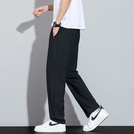皮尔卡丹（pierre cardin）男士夏季薄款裤子冰丝运动裤男新款宽松弹力直筒长男生速干休闲裤 6629黑色 2XL [推荐140-160斤]