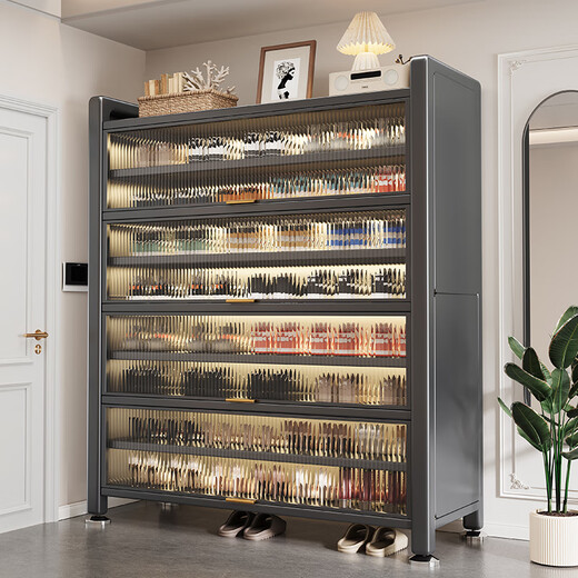 Gabinete de zapato Jiangwei Gabinete de entrada Gabinete de almacenamiento de pared integrado Puerta doméstica de múltiples capas Nuevo modelo 2025 [Acero de carbono engrosado] Gris 9 longitud de capa 120 altura 149 cm
