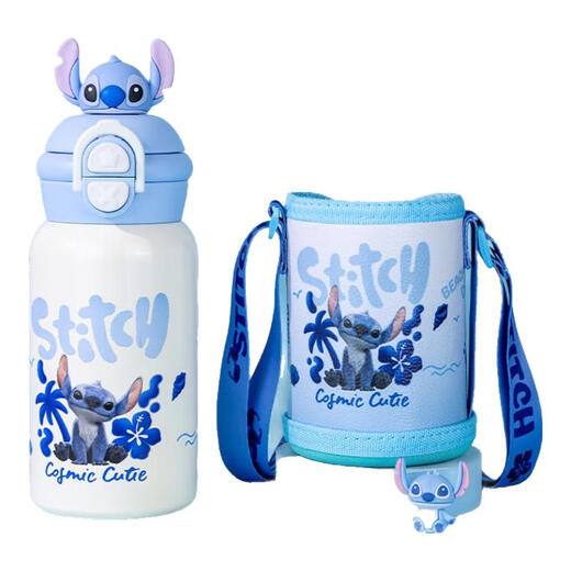 Disney Children's Thermos Cup mit Strohwasserbecher 316 Edelstahl Doppelbedeckung männliche und Mädchen Grundschule große Kapazität Trinkbecher Klebebühne Blau (15100 Doppelgetränke mit Tassenabdeckung)