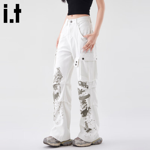 : Chocoolate It Multipocket-Arbeitsjeans für Frauen im Sommer 2025 neuer Stil personalisierter Graffiti-Weitbein-Hosen weiß [offizieller Authentic] xs