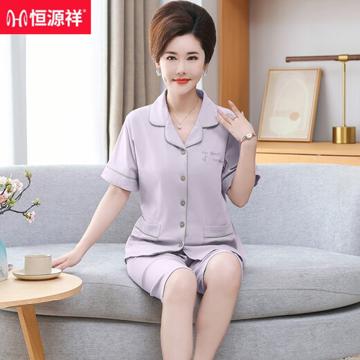 恒源祥妈妈开衫睡衣女夏季纯棉短袖七分裤大码薄款中老年妈妈家居服套装 9892# M 【建议80-100斤】