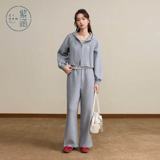 Zihan (ZIHAN) Zihan casual sports striped vest hooded jacket sweatpants three-piece upper and lower suit for women 2025 autumn new style Gray S