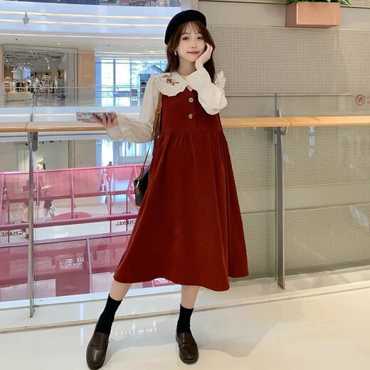 Maternity dress spring and autumn new design sense maternity wear loose doll collar shirt + vest sweet age-reducing trend red two-piece set L