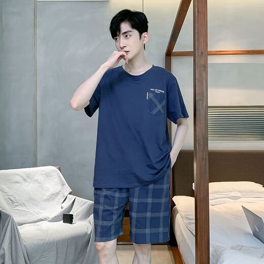 北极绒（Bejirog）纯色棉夏季薄款睡衣男士外穿加肥大码夏天家居服短袖青年韩版套装 9930#(短袖短裤） L  【推荐95斤-120斤】