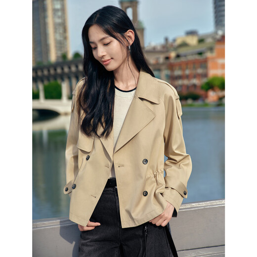 Jiuzi Annako Retro British Style Lapel Collar Drawstring Short Ageless Windbreaker Jacket Women's Autumn Khaki - Second Batch KWFQ41203 M