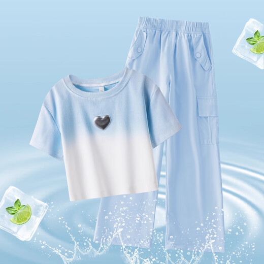 Yoyo One (yoyo One) Girls Summer Suit 2025 Новый ледяной шелк широко ног брюки детские модные уличные жарки летние костюмы девочки дофаминовые короткие рукава 15265 зеленые + 9937 метров белый [Set] 170 170 см.