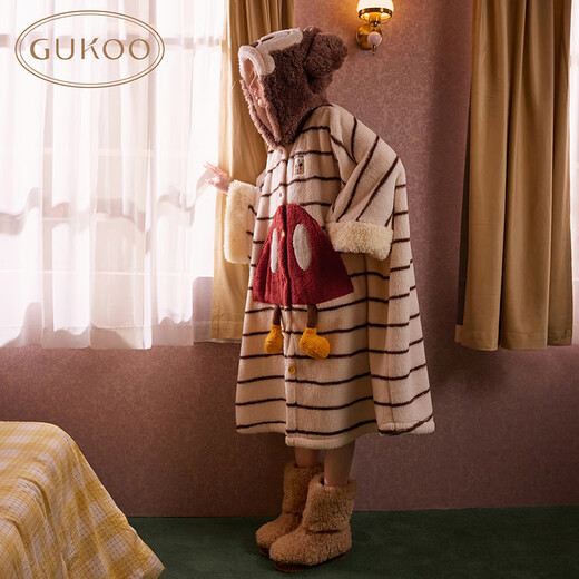 果壳（Gukoo）睡衣女冬款迪士尼联名保暖半边绒米奇条纹女士家居服睡袍可外穿D 月白睡袍 L
