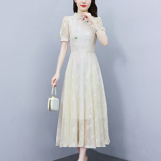 
OLJ high-end brand dress for women 2025 summer new Chinese style modified cheongsam temperament slim skirt apricot color M 80-100Jin [Jin equals 0.5 kg]