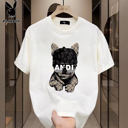 
Playboy (PLAYBOY) European and American trendy summer pure cotton short-sleeved T-shirt for men 2025 new T-shirt loose large size couple outfit men's half-sleeved V691 black S