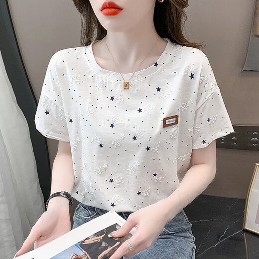 Avec Pure Yishion T-shirt imprimé en coton pur pour les femmes à manches courtes pour femmes T-shirt polyvalent T-shirt Top Tend 1396 # White S Convient pour 80-99jin [Jin est égal à 0,5 kg]