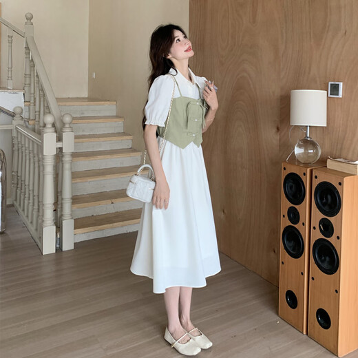 拉夏贝尔（La Chapelle）绿色拼接假两件国风连衣裙女夏2025新款新中式设计感衬衫裙流行 白色 S （建议105斤以内）