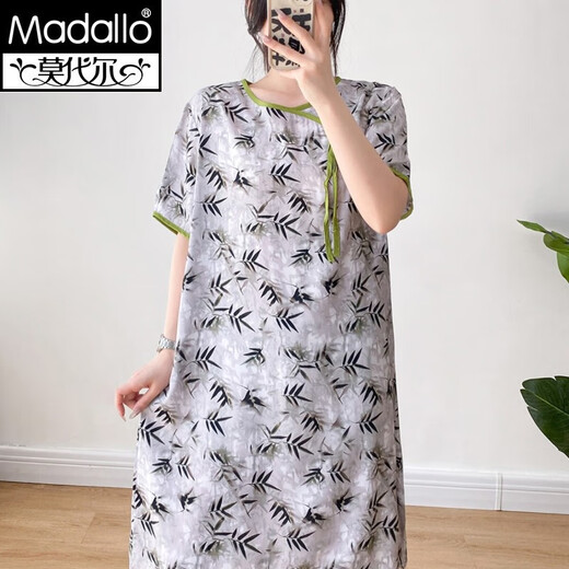 Modal cotton silk nightgown for women 2025 summer thin loose large size new mid-sleeved round neck short-sleeved pajamas artificial cotton home clothes Green branches and leaves A13781 single size (suitable for 95-155Jin [Jin equals 0.5 kg])