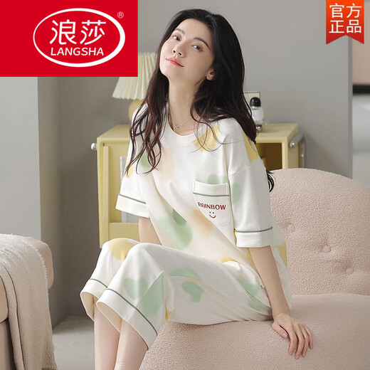 浪莎（LangSha）2025年新款睡衣女夏季纯棉短袖七分裤薄款休闲可外穿家居服舒适 9859【短-袖短-裤】 2XL 【建议140-160斤穿】