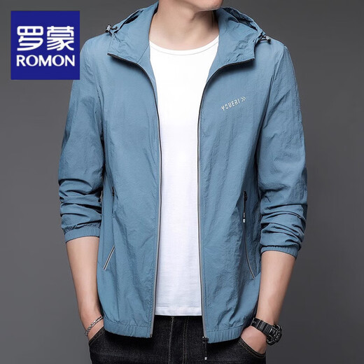 Romons neue Sonnenschutzkleidung für Herren Sommer dünne Outdoor-Eisseide-Kapuze-Jacke für Männer Sonnenschutz für Männer N9928 Mist Blue M 170 105-120jin [Jin gleich 0,5 kg]