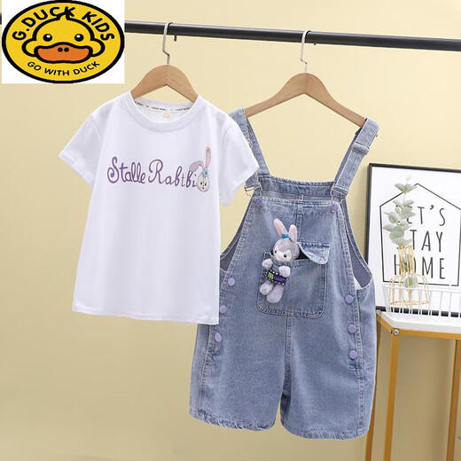 
G.DUCKKIDS Girls Denim Overalls Set 2024 Summer New Style Medium Large Children's Thin Shorts Single-piece Overalls 120 Recommended height 110 cm
