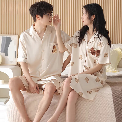 
Yalu couple pajamas summer thin ice silk 2025 new cardigan short-sleeved home clothing sense men's large-size suit L6210 ice silk skirt cover 2XL women + men's XL