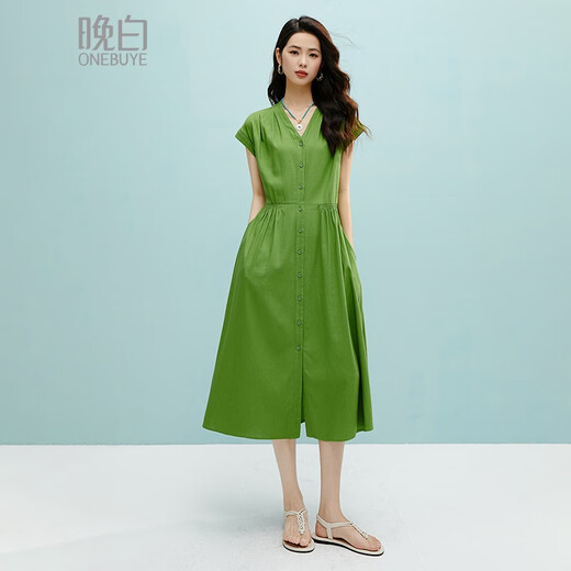 晚白2025年夏款时尚简约气质显瘦遮肉裙子休闲纯色亲肤显白无袖连衣裙 绿色 L
