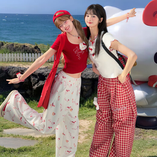 森女部落甜美风格子宽松阔腿裤百搭长裤高腰休闲裤女2025初夏穿搭 红色休闲裤（单件） S