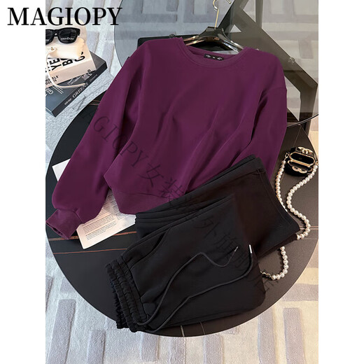 MAGIOPY国际奢侈高档品牌宽松韩版休闲运动套装女春季高级感洋气紫色卫衣 紫色上衣+黑色裤子 S(100斤以内)