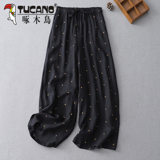 Woodpecker cotton linen polka dot wide-leg pants for women in summer elastic waist lace draped slim casual pants linen nine-point straight pants gray M [90-115Jin[Jin equals 0.5 kg]]