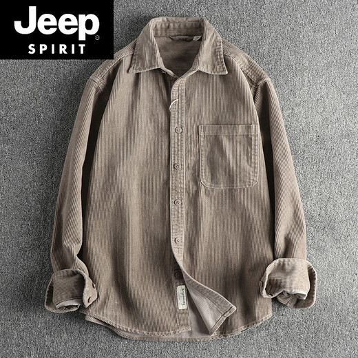 JEEP SPIRIT small amount of custom-woven pure cotton corduroy washed long-sleeved shirt men's American khaki trendy single pocket shirt jacket green 18 M 100-130Jin Jin equals 0.5 kg