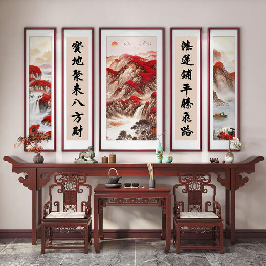 Las pinturas de Wulianzhongtang de la sala principal, la sala de estar de Villa es elegante, la casa rural de auto-construida, las pinturas de decoración del paisaje de la sala ancestral, el 70% de la elección del cliente en el medio, el medio es 12060+4 12025cmps, bordes ambientales ambientales ambientales.