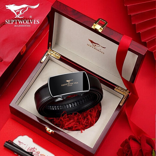 Septwolves Belt Men's Genuine Leather Underwear Belt Cowhide High-end Birthday Chinese Valentine's Day Gift for Boyfriend and Husband Premium Black Style Wooden Gift Box
