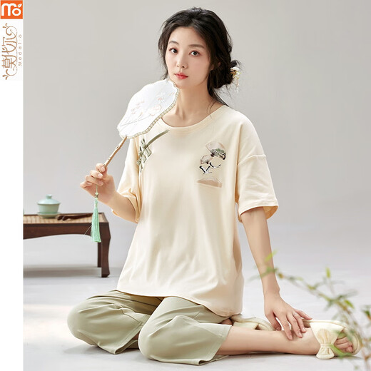 Pyjamas modal pour les femmes en été 2025 Nouveau costume de style chinois à manches courtes Nouveau pantalon cuit chinois style mince pour l'usure décontractée y9902 m (recommandée 75-95jin [Jin est égal à 0,5 kg]))