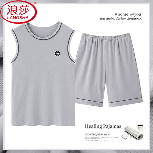 
LangSha middle-aged men's pure cotton pajamas summer thin vest sleeveless shorts daddy summer home clothing cotton plus size OMM-13657 2XL