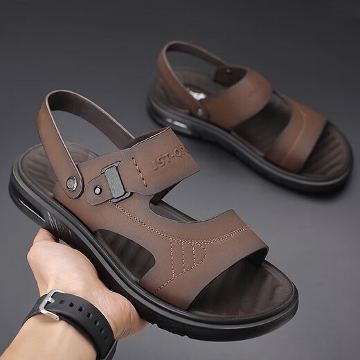 
[Direct sale in the factory] Sandals Men's Summer New Genuine Leather Beach Shoes Men's Middle-aged and Elderly Dual-Soled Sandals Brown 41