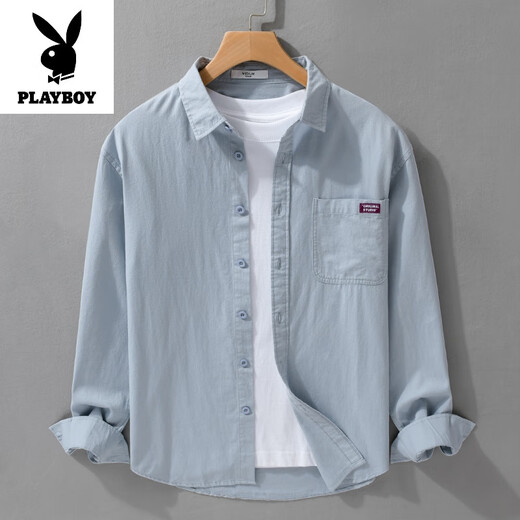 Playboy (PLAYBOY) high-end brand pure cotton shirt men's long-sleeved summer Japanese trendy inch shirt no-iron casual shirt jacket men's style 9902 gray blue M