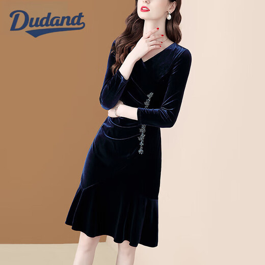 Dudant Luxury High-End Brand Gold Velvet Dress для женщин весна и осень 2025 г. Новый темперамент V-образный выстрел Slim Slim Fishtail юбка 16783 Blue S