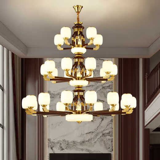 Sanxiong Aurora Nuevo edificio dúplex de estilo chino Sala de estar Bailera grande de madera sólida Villa atmosférica Escaleros de villa atmosférica Light Hollow Hall 9926 Cabezas